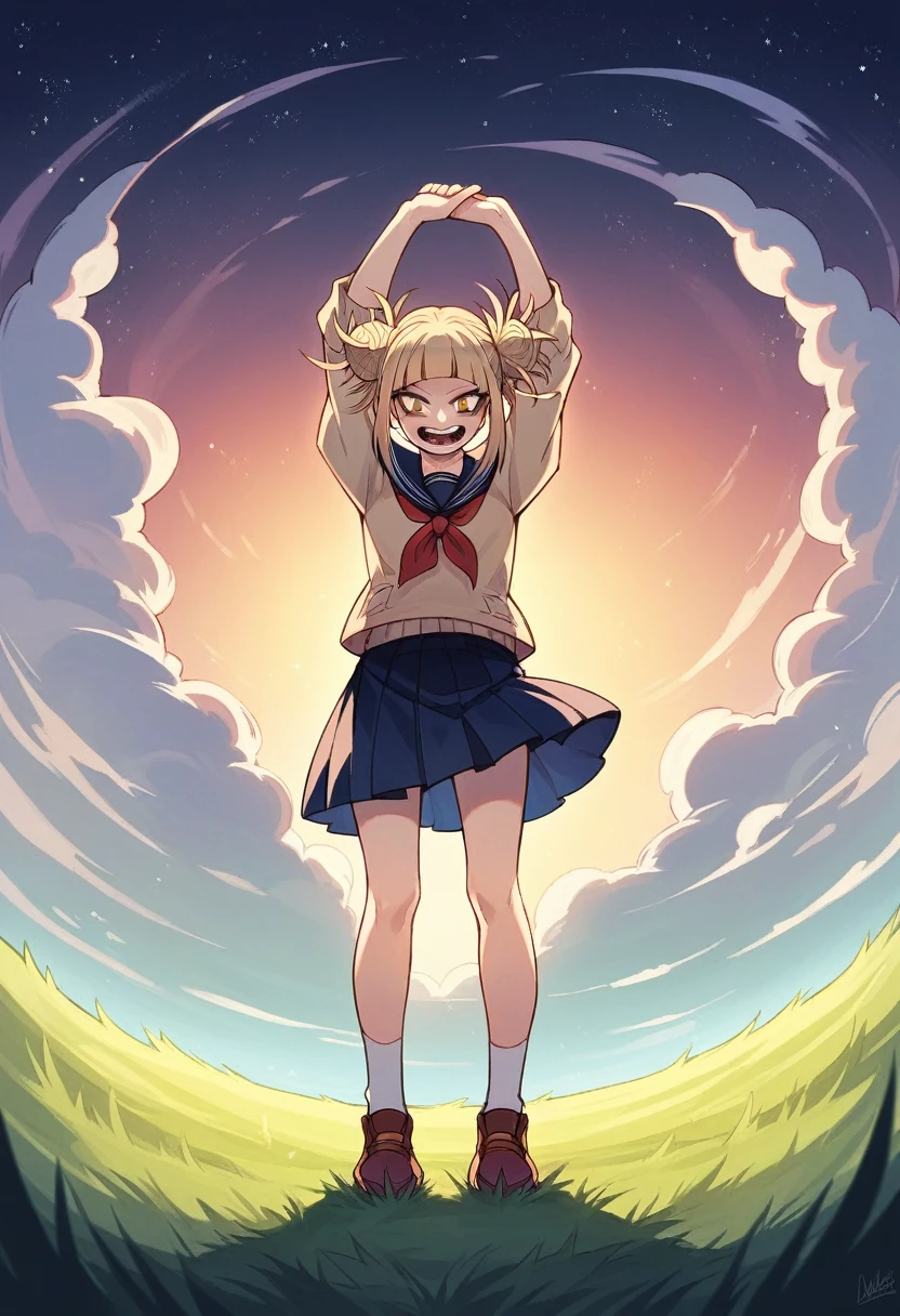 Himiko Toga from My Hero Academia, gazing up at a mesmerizing starry night sky, anime style, full-body shot, Toga's blonde hair buns and visible, standing on a grassy hill, Milky Way stretching across the sky, brilliant constellations, soft moonlight illuminating her fascinated expression, eerie yet beautiful atmosphere