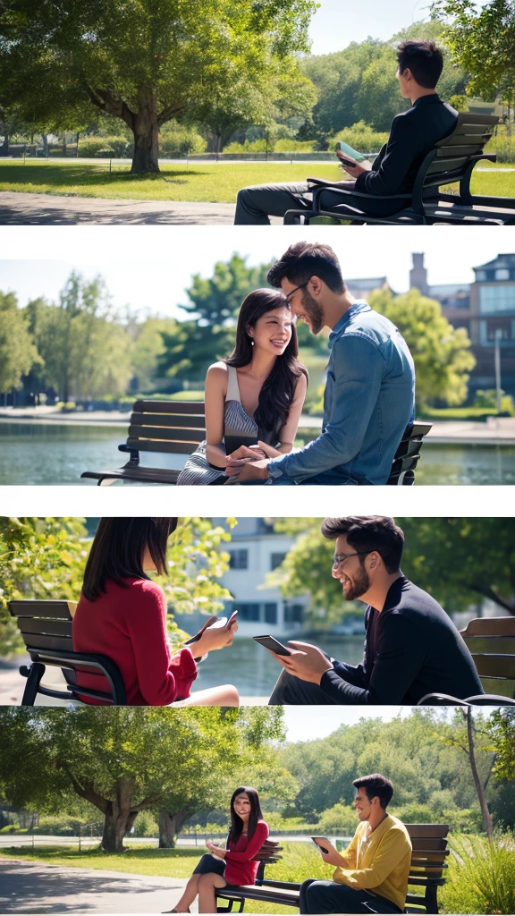 A scene showing two people, a man and a woman, sitting in different locations but both smiling while looking at their smartphones. The man is sitting on a park bench with green trees in the background, and the woman is in a cozy room with a bookshelf behind her. They are both clearly engaged in a lively text conversation, with visible message bubbles on their screens indicating frequent and happy communication.