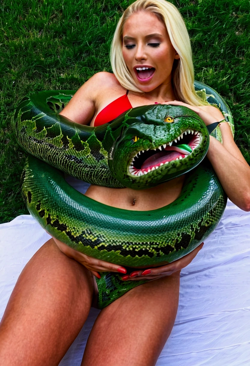  Happy Horny, aroused 1girl), beautiful blonde young  girl  wearing red thong with  giant colossal  green kaa monster squeezing her hard, wrapped in thick spiraling coils, constricted, struggle, gasping for air, snake attack, snake peril,