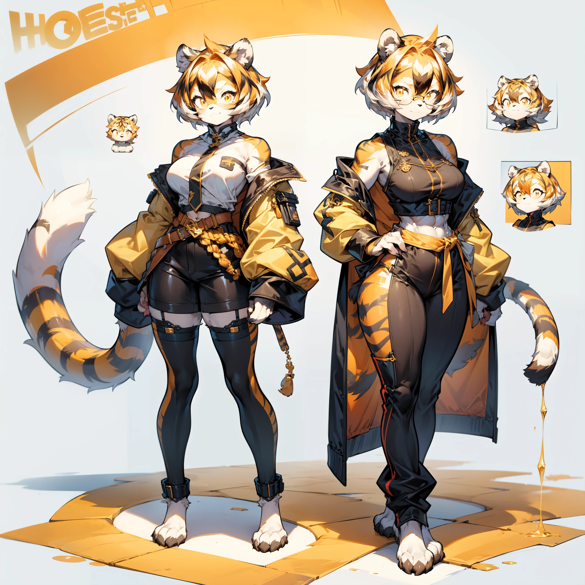 white background, full body, ((furry female:1.2)), Standing, animal ears, white hair, black hair, short hair, large breasts, muscle, tail, orange eyes, orange hair, multicolored hair, tiger girl, hair between eyes, tiger_ears, tiger_tail, orange-tinted_eyewear, tinted_eyewear, big breasts, evil smile, Shadows under feet, Abdominal muscles, (((Hooker outfit:1.2))), show body，Gold, lots of gold, gold ingots everywhere