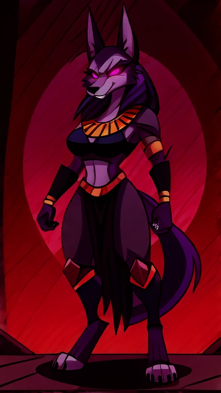 (masterpiece, best quality:1.2), Female Anubis pharaoh hellhound, wolf, furry, hypnotized with glowing purple eyes, angry serious face, helluva boss, with combat armor, full body image, standing, hell streets background