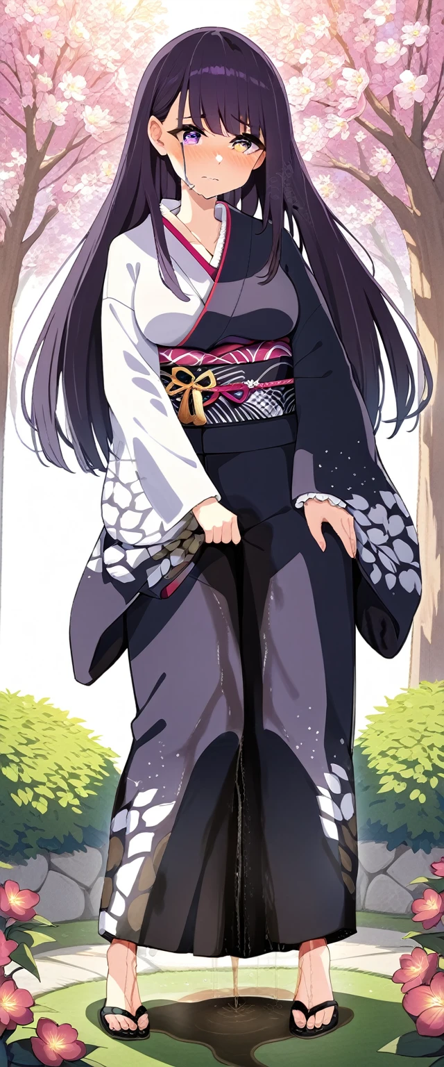 (masterpiece:1.37), best quality, (extremely detailed:1.37), (1girl:1.5), woman, (mature:1.5), (adult:1.5), large breasts, very long hair, (straight hair:1.5), (very dark purple hair:1.5), purple eyes, (extremely detailed eyes:1.37), (furisode:2.0), (star-pattern furisode:1.5), desperation, (wetting self:2.0), standing, embarrassed, humiliation, blushing, angry, cherry blossoms, garden, (golden hour:1.5), full body