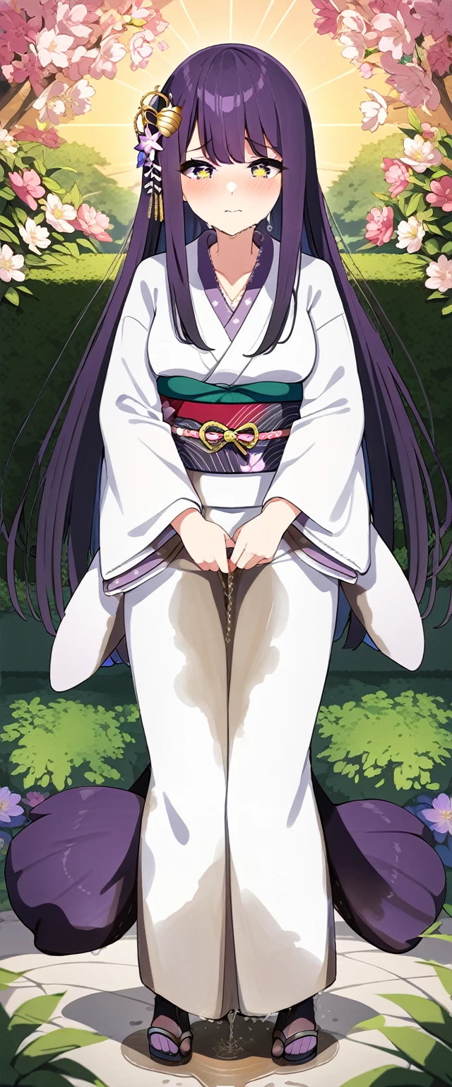 (masterpiece:1.37), best quality, (extremely detailed:1.37), (1girl:1.5), woman, (mature:1.5), (adult:1.5), large breasts, very long hair, (straight hair:1.5), (very dark purple hair:1.5), purple eyes, (extremely detailed eyes:1.37), (furisode:2.0), (star-pattern furisode:1.5), desperation, (wetting self:2.0), standing, embarrassed, humiliation, blushing, angry, cherry blossoms, garden, (golden hour:1.5), full body