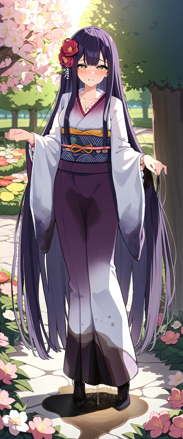 (masterpiece:1.37), best quality, (extremely detailed:1.37), (1girl:1.5), woman, (mature:1.5), (adult:1.5), large breasts, very long hair, (straight hair:1.5), (very dark purple hair:1.5), purple eyes, (extremely detailed eyes:1.37), (furisode:2.0), (star-pattern furisode:1.5), desperation, (wetting self:2.0), standing, embarrassed, humiliation, blushing, angry, cherry blossoms, garden, (golden hour:1.5), full body