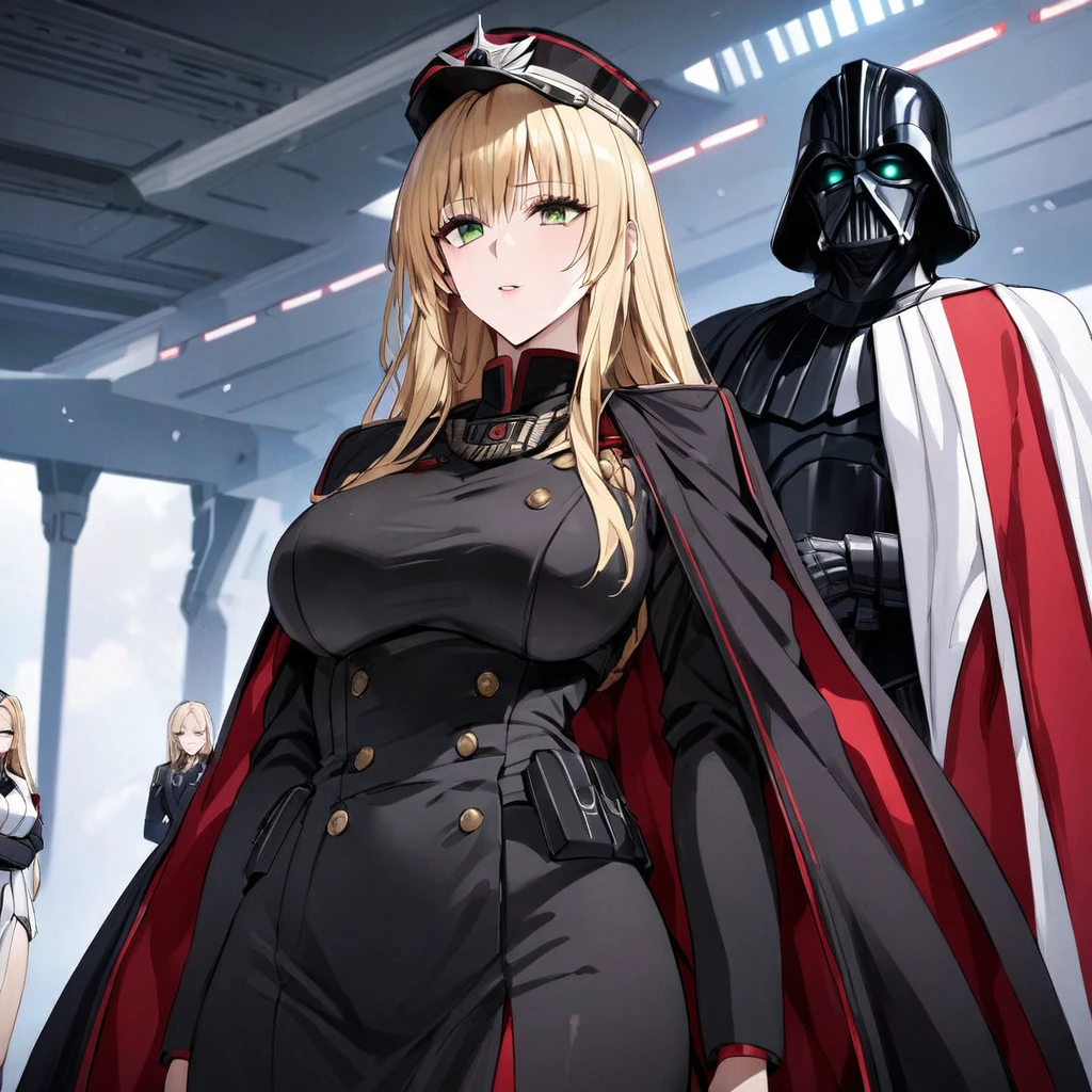 ((Highest quality)), ((masterpiece)), (detailed), （Perfect Face）、The woman is Tiare, a beautiful Space Imperial Army officer with green eyes and medium-long blonde hair, wearing a Space Imperial Army uniform and military cap.、The woman swore loyalty to Emperor Palpatine and served at his side.、The woman is standing next to the Emperor, and the dignified old Emperor Palpatine is holding the woman close.