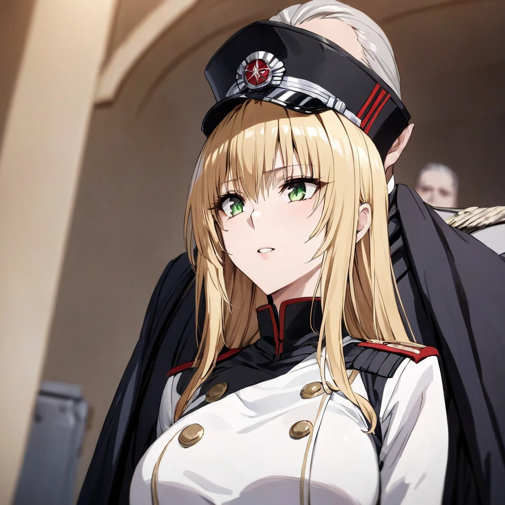 ((Highest quality)), ((masterpiece)), (detailed), (Perfect Face)、The woman is Tiare, a beautiful Space Imperial Army officer with green eyes and medium-long blonde hair, wearing a Space Imperial Army uniform and military cap.、The woman swore loyalty to Emperor Palpatine and served at his side.、The woman is standing next to the Emperor, and the dignified old Emperor Palpatine is holding the woman close.