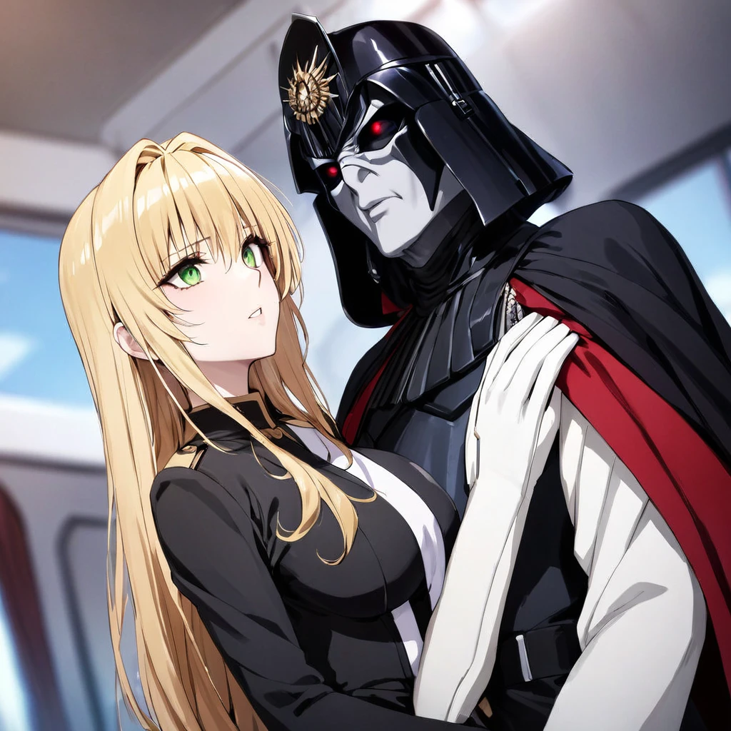 ((Highest quality)), ((masterpiece)), (detailed), （Perfect Face）、The woman is Tiare, a beautiful Space Imperial Army officer with green eyes and medium-long blonde hair, wearing a Space Imperial Army uniform and military cap.、The woman swore loyalty to Emperor Palpatine and served at his side.、The woman is standing next to the Emperor, and the dignified old Emperor Palpatine is holding the woman close.