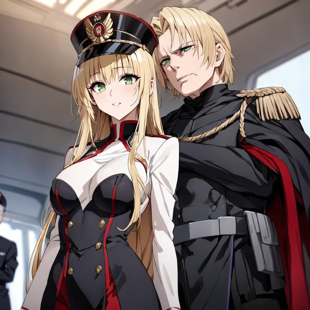 ((Highest quality)), ((masterpiece)), (detailed), （Perfect Face）、The woman is Tiare, a beautiful Space Imperial Army officer with green eyes and medium-long blonde hair, wearing a Space Imperial Army uniform and military cap.、The woman swore loyalty to Emperor Palpatine and served at his side.、The woman is standing next to the Emperor, and the dignified old Emperor Palpatine is holding the woman close.