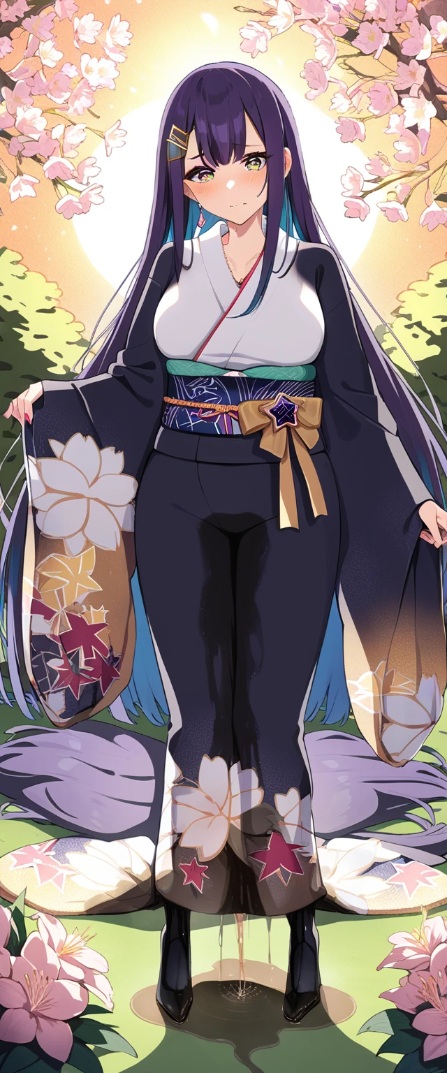 (masterpiece:1.37), best quality, (extremely detailed:1.37), (1girl:1.5), woman, (mature:1.5), (adult:1.5), large breasts, very long hair, (straight hair:1.5), (very dark purple hair:1.5), purple eyes, (extremely detailed eyes:1.37), (furisode:2.0), (star-pattern furisode:2.0), desperation, (wetting self:2.0), standing, embarrassed, humiliation, blushing, angry, cherry blossoms, garden, (golden hour:1.5), full body
