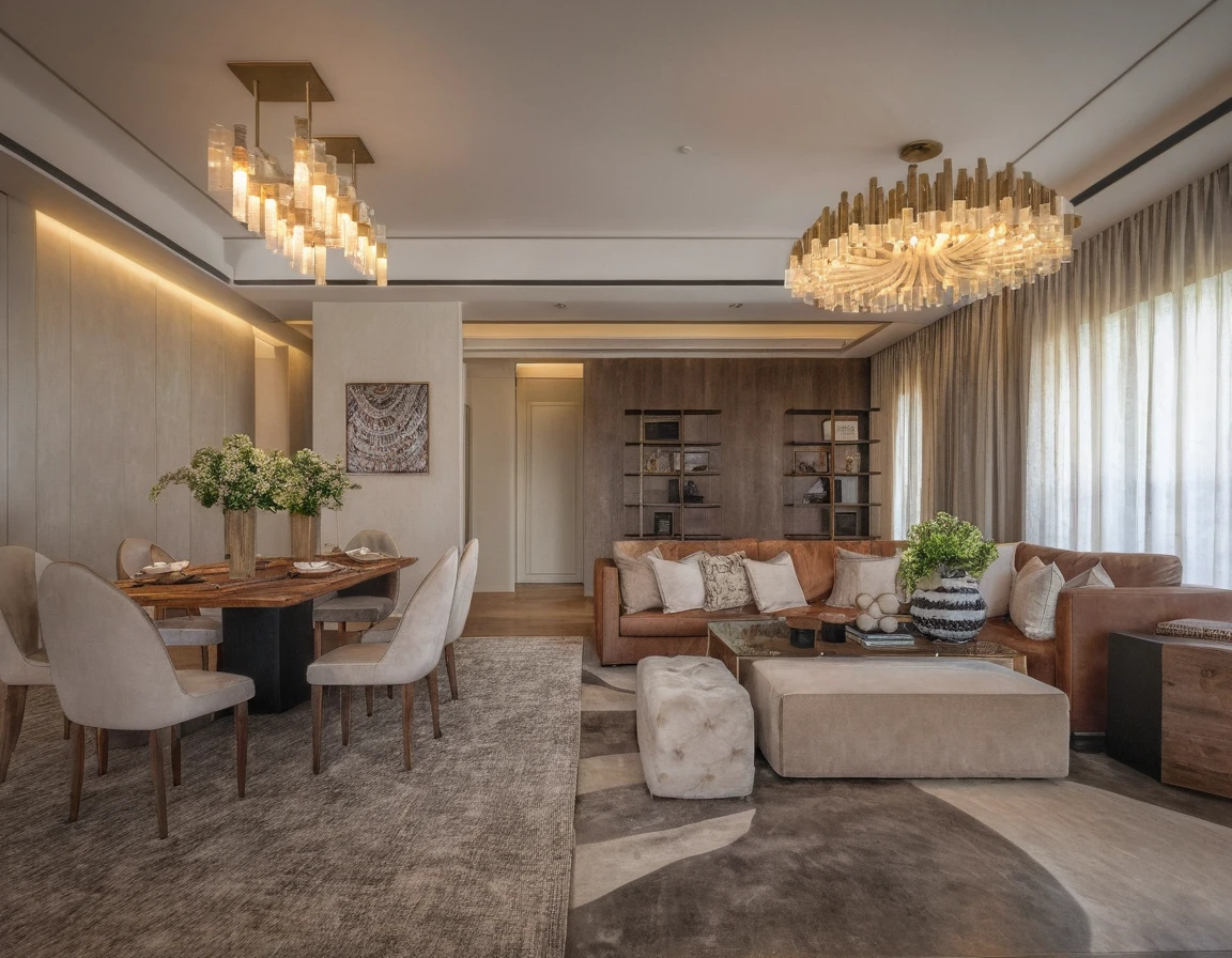 Raw photo, Masterpiece, high quality, best quality, authentic, super detail, indoors, (living room luxury modern style), sofa, table coffee, (a rug in sofa place), dining table, brown leather chairs, flower vases, shelves, curtain walls, oil paintings, windows, ceiling lights, (chandeliers), dim light, (vivid color)