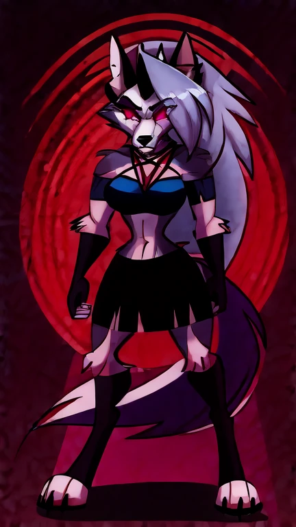 (masterpiece, best quality:1.2), Female Loona Anubis pharaoh hellhound, wolf, furry, hypnotized with glowing purple eyes, angry serious face, helluva boss, with combat armor, full body image, standing, hell streets background