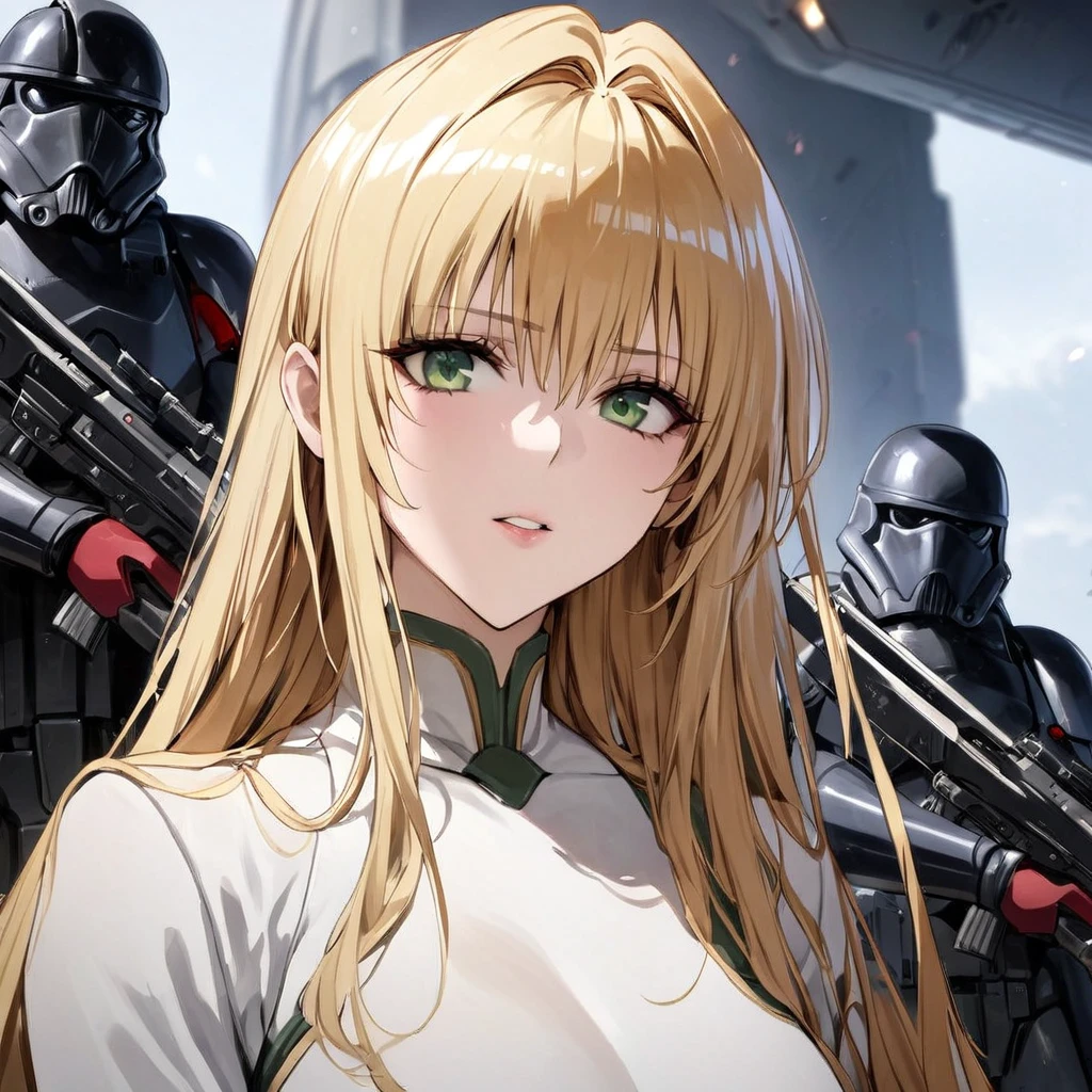 ((Highest quality)), ((masterpiece)), (detailed), （Perfect Face）、The woman is Tiare, a beautiful Stormtrooper with green eyes and medium-long blonde hair, carrying an assault rifle-type blaster.、On Imperial spaceships, they line up in orderly rows with other Stormtroopers and serve in loyalty to Emperor Palpatine.