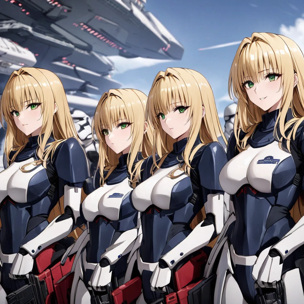 ((Highest quality)), ((masterpiece)), (detailed), （Perfect Face）、The woman is Tiare, a beautiful Stormtrooper with green eyes and medium-long blonde hair, carrying an assault rifle-type blaster.、On Imperial spaceships, they line up in orderly rows with other Stormtroopers and serve in loyalty to Emperor Palpatine.