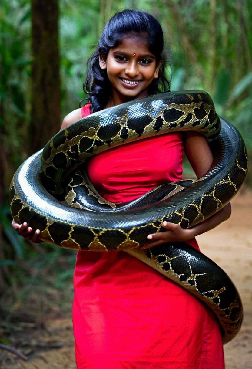 Happy Horny, aroused 1girl), beautiful Indian young girl with giant colossal Kaa monster squeezing her hard, wrapped in thick spiraling coils, constricted, struggle, gasping for air, snake attack, snake peril
