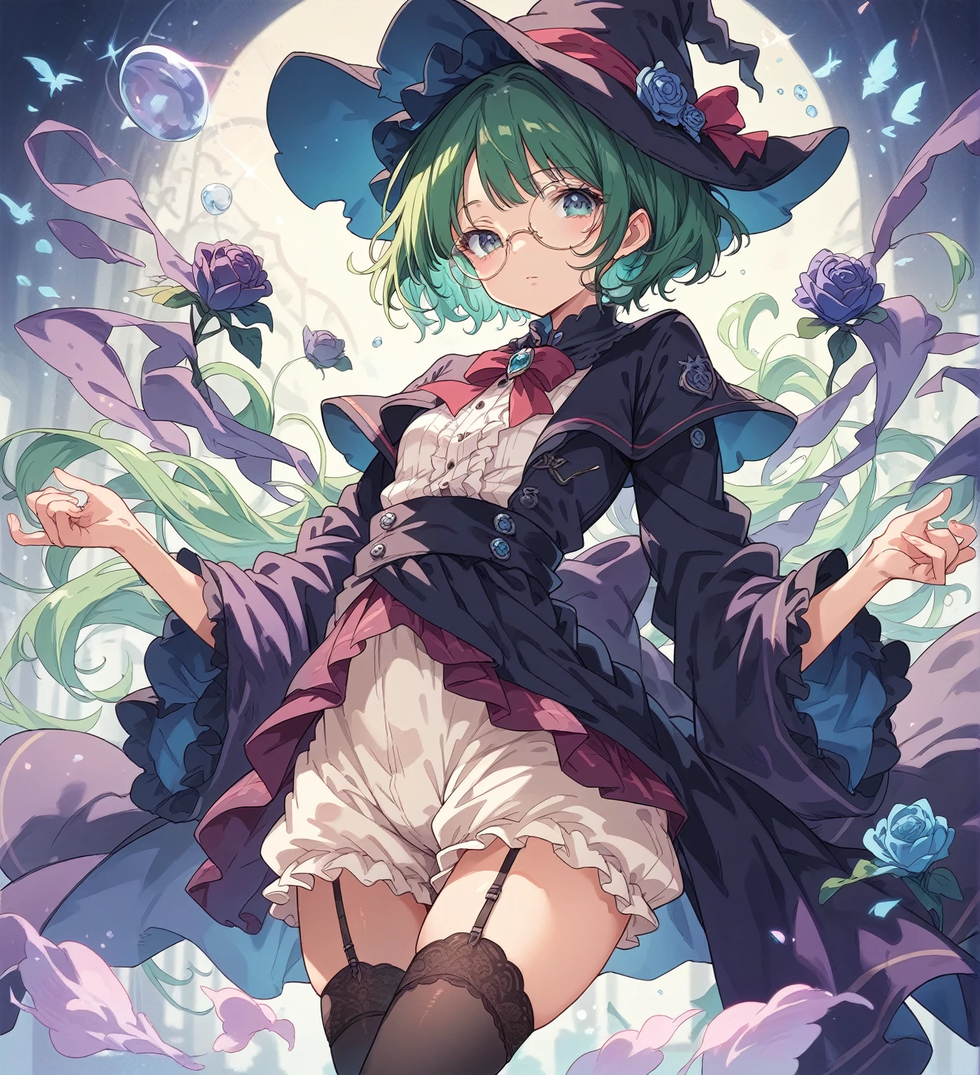 A large witch's hat with a wide frill and a purple rose decoration, a robe with the Duke's coat of arms on the sleeve, a cream-colored blouse, a winered ribbon tie, garter skirt, bloomers,garter stockings, and pumps. Curly short cut, green hair, large round glasses