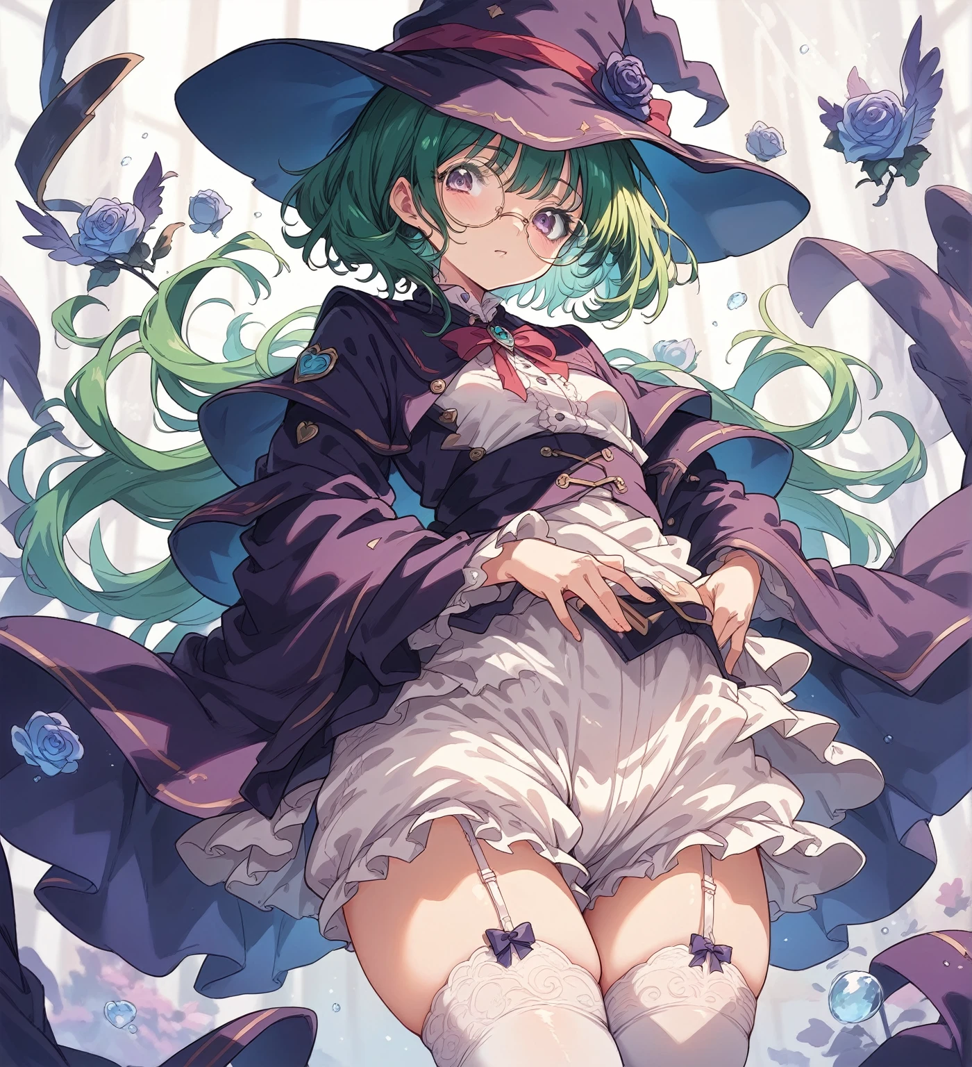 A large witch's hat with a wide frill and a purple rose decoration, a robe with the Duke's coat of arms on the sleeve, a cream-colored blouse, a winered ribbon tie,  garter skirt, bloomers,garter stockings, and pumps. Curly short cut, green hair, large round glasses　