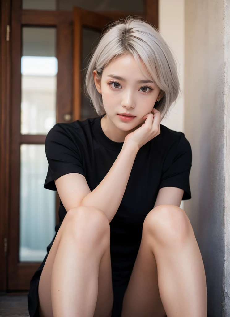 silk transparency,high score hair、individual,34 years old, A young man with silver hair biting his lip,Sitting position,towards the camera,Sitting position双抬腿)(camel toe),(no),(didn't bring it),Sitting position,crotch top,fascinating,high heel, long legs, Strong leg muscles,