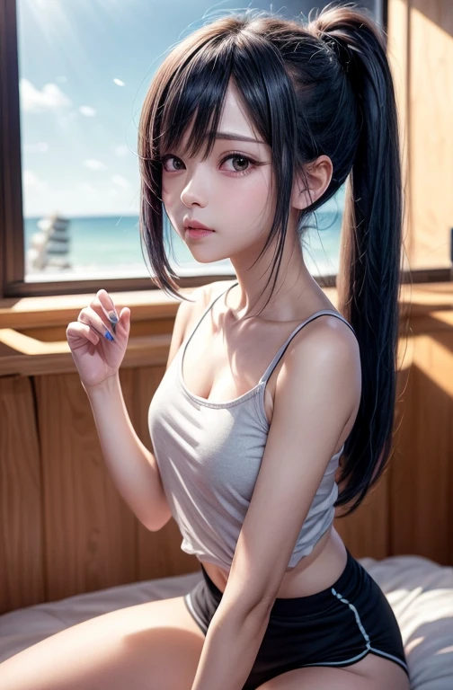 "Create an image of a character with a small, delicate face and a slender nose. The character should have a natural appearance with no makeup, facing forward with large, cute eyes. The character has long, blue hair with short bangs, wearing a black long-sleeved top and shorts." Please keep in mind that while LeonardoAI can attempt to create an image based on this prompt, it may not perfectly match the specific character "MiRim" from the anime due to limitations in generating exact likenesses of copyrighted characters.