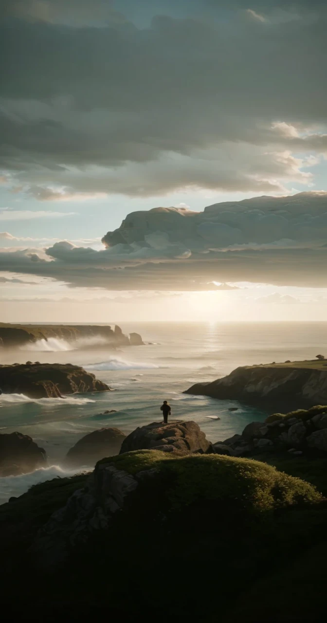 a dramatic cliff overlooking the ocean, crashing waves, rocky coastline, dramatic lighting, stunning landscape, cinematic view, atmospheric, moody, photorealistic, 8k, high quality, masterpiece, detailed, epic scale, stunning colors, dramatic shadows, beautiful sky, glowing sunset, cinematic composition