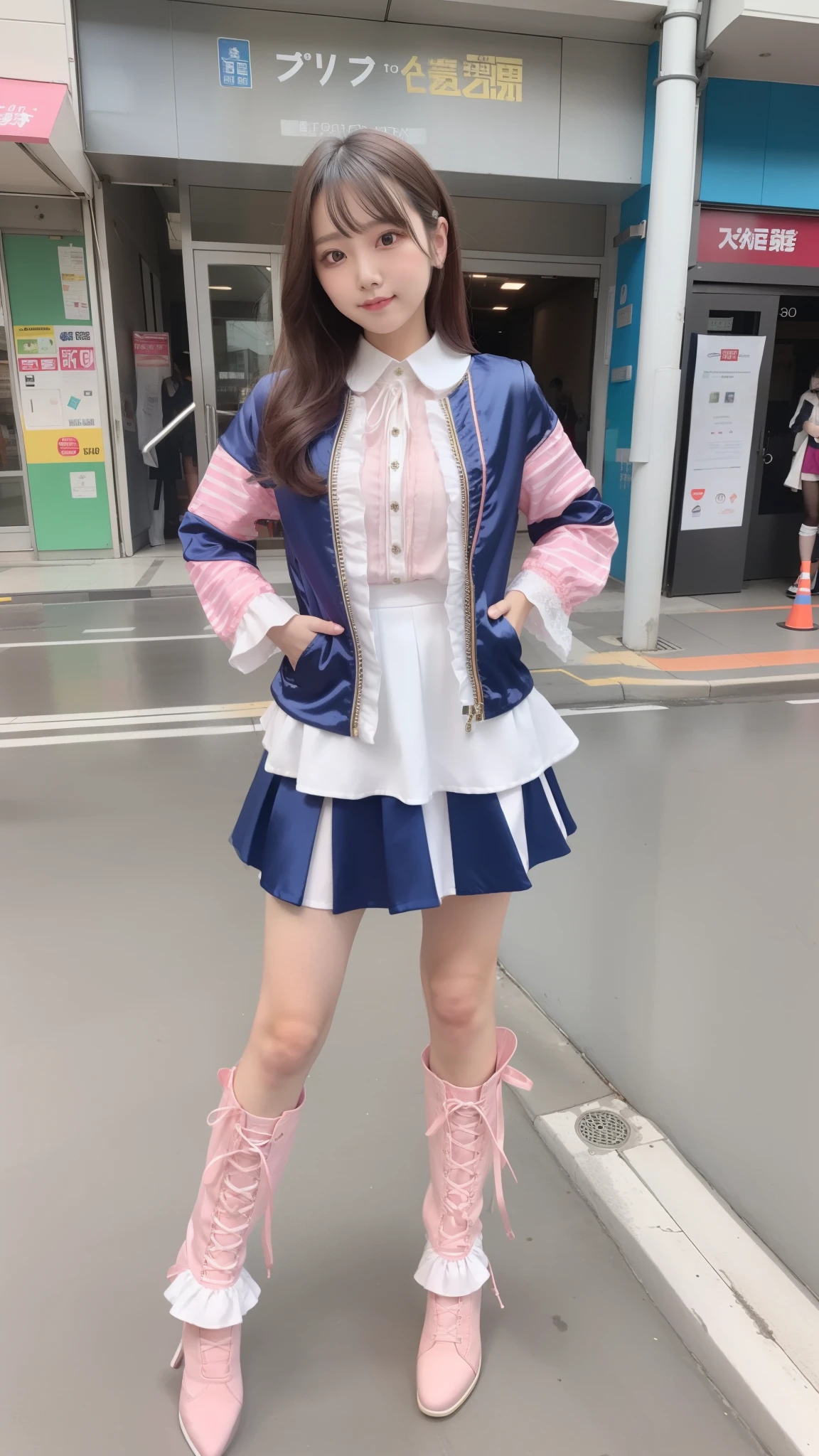 Costume like a idol, blue and white half sleeve Jacket, pink satin ruffled blouse, White and pink stripe pleated skirt, white lace up boots