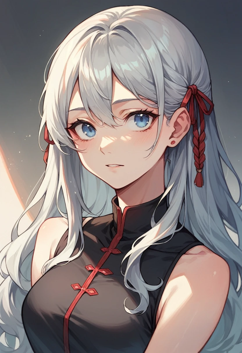 long hair smart girl, wavy and silver with red locks with blue eyes with baggy black clothes
