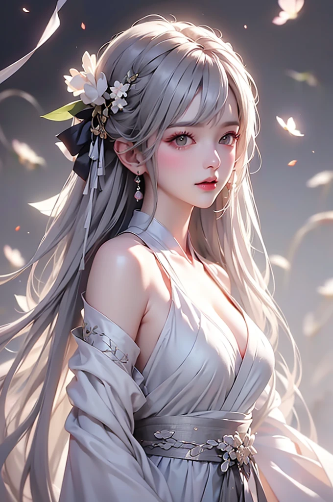 super high quality, masterpiece, Perfect illustration, Very detailed (Exquisite light and shadow, Very dramatic photo,Backlight) , ((Gray Hair:1.5))1 Girl,(( alone:1.6)), (Wearing Han clothes, Black and white Hanfu,Monotony,Long sleeve) Flower Field, Flowers, (White smoke:1.3) (Realistic:1.4), Zen Intertwining, Tangled, Official Art, unity 8k wallpaper, Very detailed, Beautiful and beautiful, masterpiece, Highest quality, (Dynamic Angle: 1.4), Glowing Skin, (Floating colorful flashes: 1) The most beautiful chaotic shapes, elegant, Brutalist Design, Bright colors, Romantic Depth of Field Exotic_dance, half_naked、(Expose your shoulders、Ample breasts、Beautiful cleavage)(side view)
