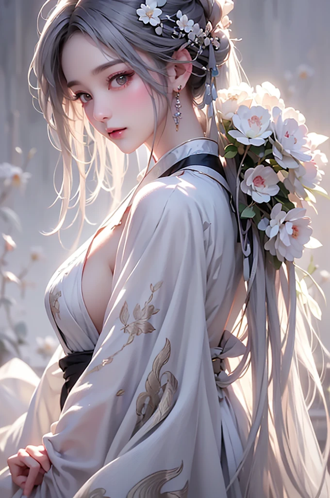 super high quality, masterpiece, Perfect illustration, Very detailed (Exquisite light and shadow, Very dramatic photo,Backlight) , ((Gray Hair:1.5))1 Girl,(( alone:1.6)), (Wearing Han clothes, Black and white Hanfu,Monotony,Long sleeve) Flower Field, Flowers, (White smoke:1.3) (Realistic:1.4), Zen Intertwining, Tangled, Official Art, unity 8k wallpaper, Very detailed, Beautiful and beautiful, masterpiece, Highest quality, (Dynamic Angle: 1.4), Glowing Skin, (Floating colorful flashes: 1) The most beautiful chaotic shapes, elegant, Brutalist Design, Bright colors, Romantic Depth of Field Exotic_dance, half_naked、(Expose your shoulders、Ample breasts、Beautiful cleavage)(side view)