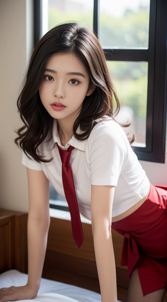 (8K,best quality,masterpiece:1.2),(In reality,realistic:1.4),(RAW photos),perfect details,18-year-old South Korean female model,Korean beautiful girl,Goose egg face shape,wavy curly hair,pure desire,((upper body:5 Point Shirt,black shirt,(Little Red Tie),short sleeve,Crop topping)),(private part:Skirt that hugs the buttocks,black),Wear pantyhose and sneakers,chest이 크다,chest,Butt Lift,hotel,rooms,window,stand on all fours