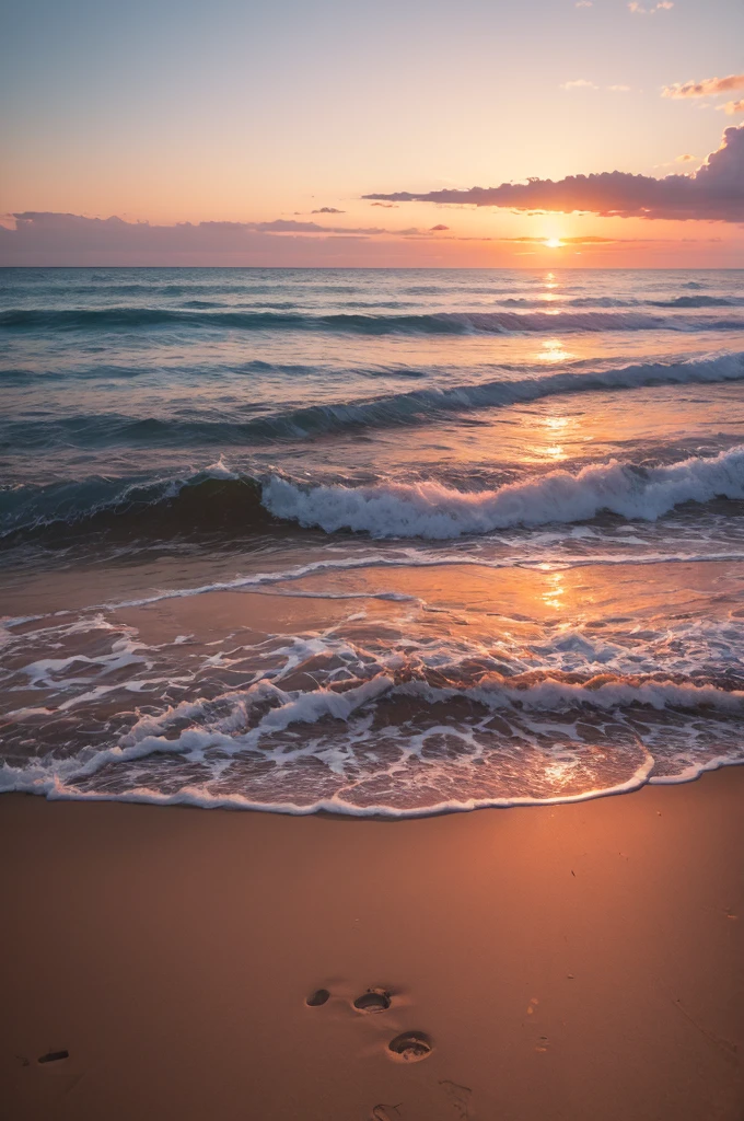 A landscape of a sunset on an empty beach