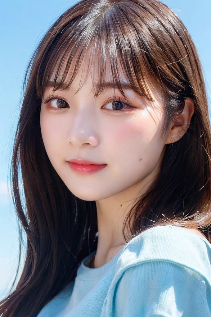 ((big laugh)), high-level image quality、18 year old Korean girl photo, raw, cute face, ((Portrait)),  (sky blue background:1.4), ((Detailed face:1.2)), ((A detailed face Characterized by fine skin), pale skin, , (cold color), moist, reflector stay piece, (perfectly proportions), (photos realistic), (Best Quality) photographed in a Canon EOS R5, 50mm Lens, (8K), very long upper eyelashes, Very long lower eyelashes,  detailed lashes, Curled eyelashes, eyelash perm, Beautiful lashes, Natural eyes、