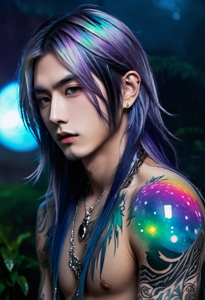 An ethereal sultryseductivedemonic 20 year old anime male druid with metallic long hair and tattoos, delicate masterpiece intimate glowing neon tattoos, anime druid demon male hellscape at night, manga inspired by Masashi Wakui, rainbow color palette, atmospheric fog, decay, worn textures, rain-soaked fantasy village, manga-style illustration --s 150 --ar 1:2 --c 5 Removed From Image
