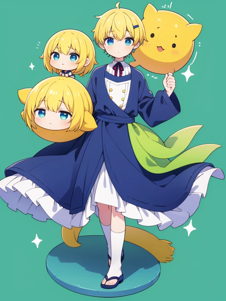 1boy,chibi,Yellow short hair, Teru Teru Bouzu-shaped hair clip, covered with cloth like a Teru Teru Bouzu, light blue eyes, gentle personality, girlish boy,full body, green background,