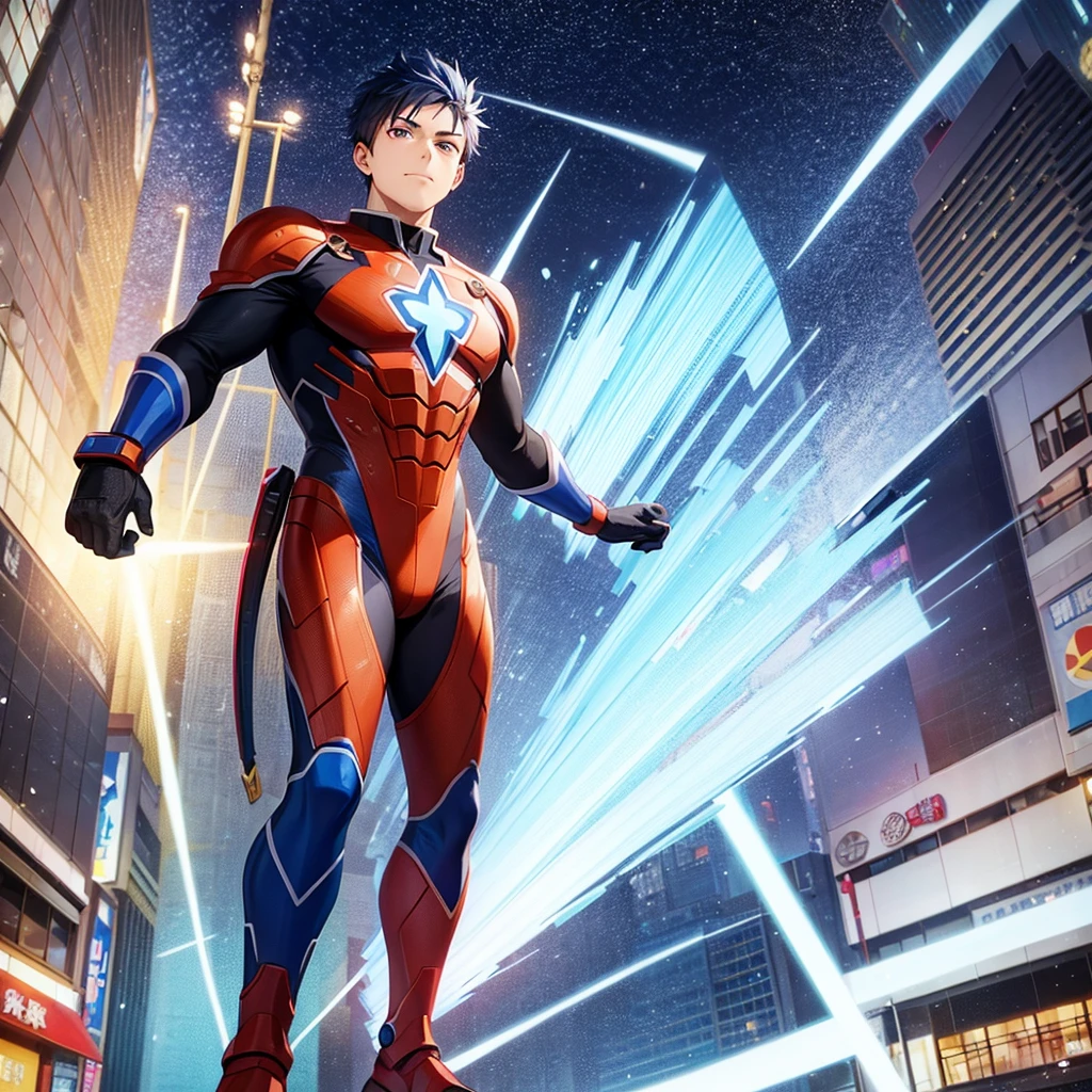 Full body view of a bi-racial blue haired boy with brown eyes wearing a superhero suit with a snowflake in the center of his suit in the streets of Akihabara Japan