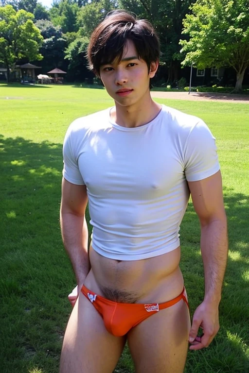 ((best quality)), ((Masterpiece)), ( age boy,handsome,Thai person,Orange panties,standing on the grass,There is a vacation home in the back..), perfect face