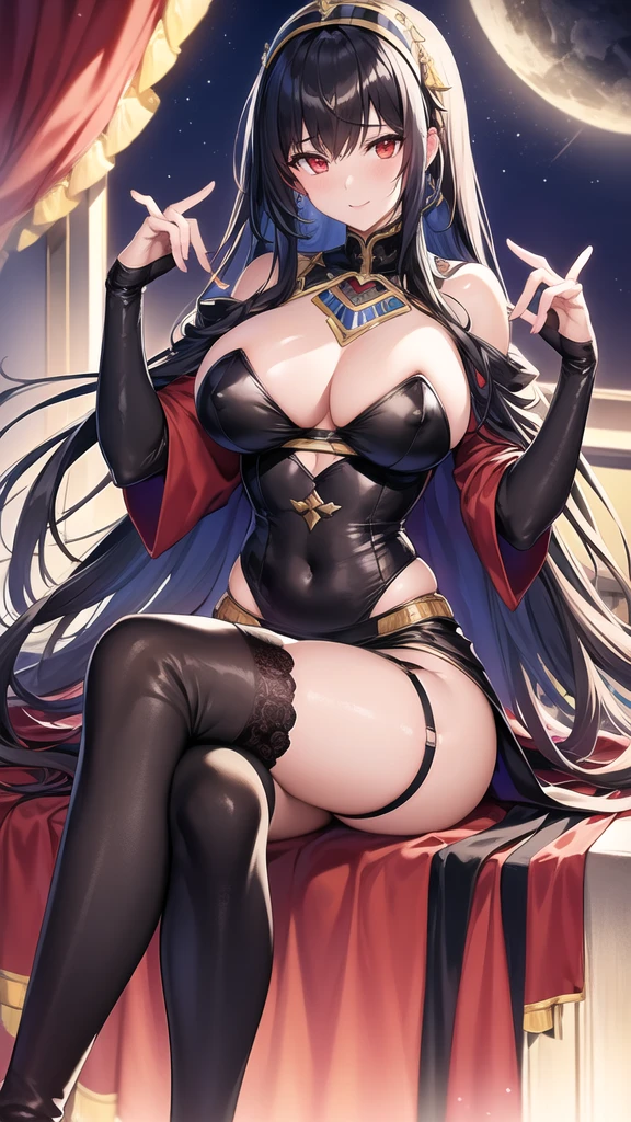 ((Highest quality)),(8K),((Anime illustration)) ,【One Girl,One boy(men and women)】,Red moonlit night、sitting on the couch in the club,Beautiful night view, ((NSFW)),((Black haired Cleopatra)),(Red glowing eyes),(Good elevator),Beautiful black lingerie,(Wearing a Blue cloak),(Mini tight skirt),((Gorgeous big breasts shining)),((Showing off her nipples)),Lace Top Stockings,Knee-high boots,garter belt,Long satin gloves,(Laughing with your fingers),Crossing your legs,Condescending look,Provocative pose,Sexy Body
