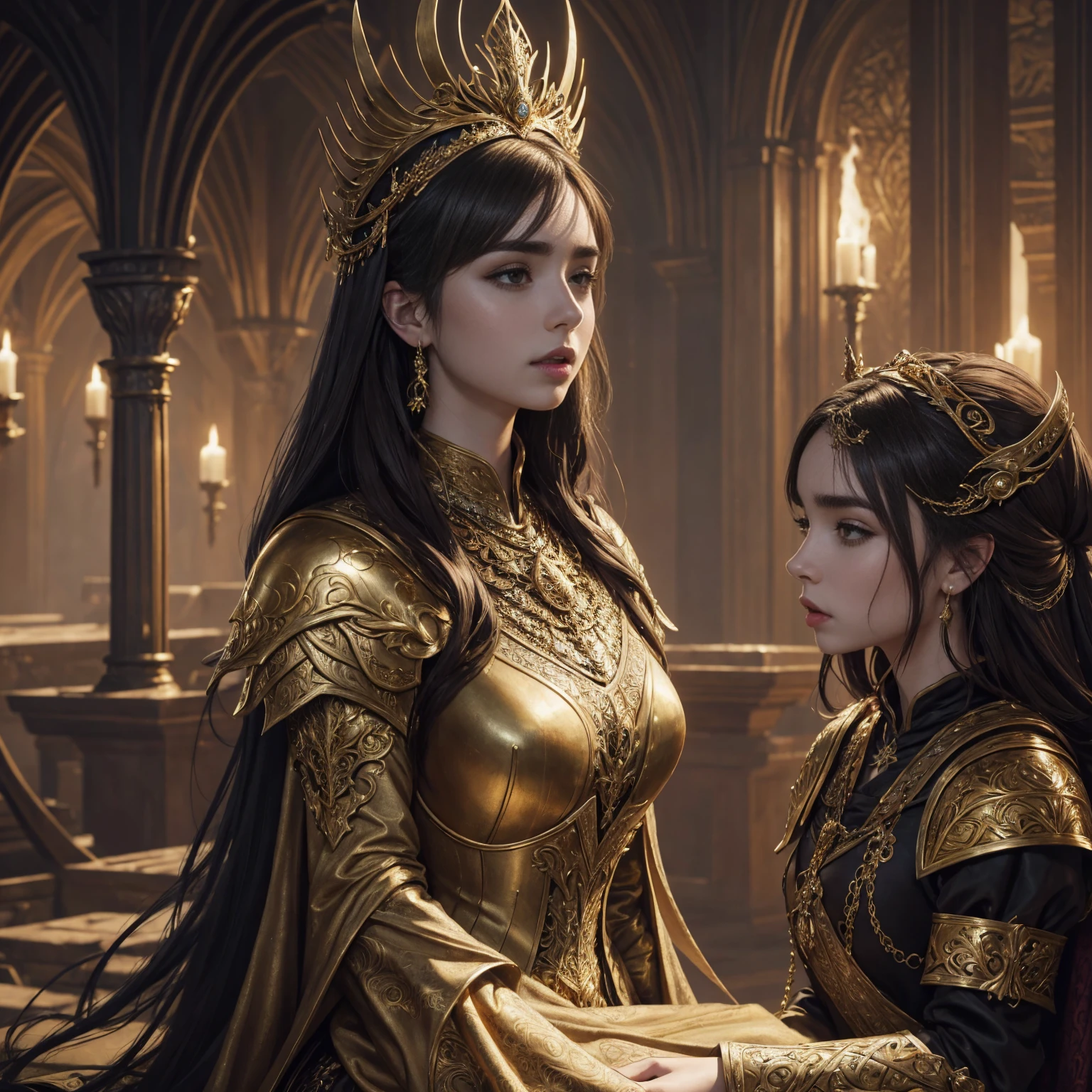 A LILY COLLINS in a game of thrones dress with a tiable and gold jewelry, karol bak uhd, 8k high quality detailed art, detailed fantasy art, 4k fantasy art, fantasy art style, beautiful alluring anime woman, detailed fantasy digital art, beautiful fantasy art, hd fantasy art, fantasy style art, 4 k detail fantasy, beautiful detailed fantasy