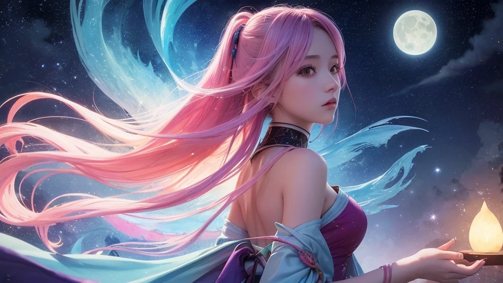 (masterpiece, top quality, best quality,watercolor (medium),official art, beautiful and aesthetic:1.2),(1girl:1.3), (fractal art:1.3),upper body, from side, looking at viewer,patterns,(rainbow color Hair,colorful hair,half blue and half pink hair:1.2),water,liquid, cloud,colorful, starry,stars,,moon,star night, "Generate an image of the character with the background changed to a fantastical night scene, like Orihime, featuring a mystical and dreamlike atmosphere with a luminous moon, sparkling stars, and an ethereal glow."