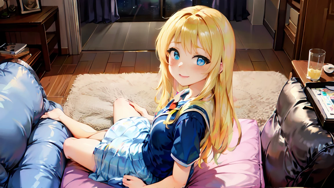 2girl, large hair, platinum blonde hair, blue eyes, blushing face, kindergarten uniform, living room, couch, looking at viewer, from above, multiple view, window, night sky,