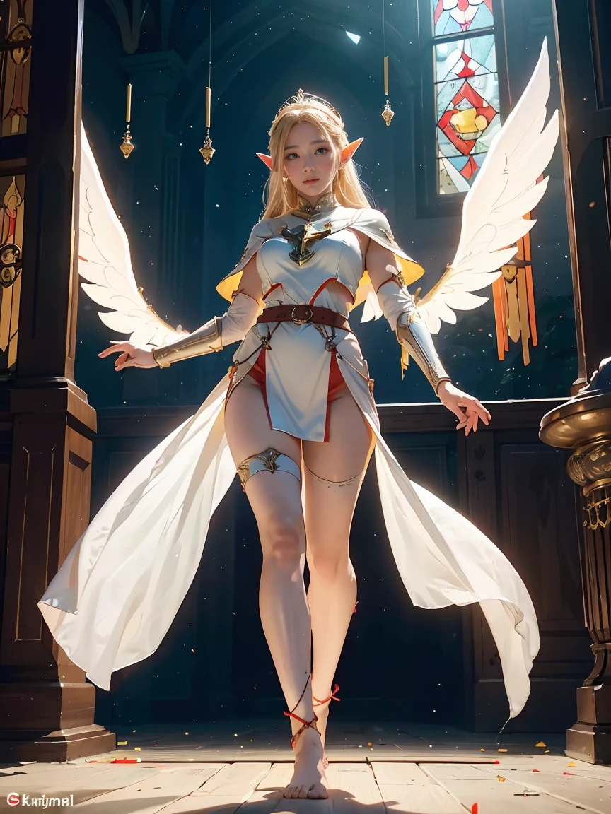 score_8_up, score_7_up, from below, full body of elf woman wearing white tabard and red capelet, armored pauldrons, belt, blonde, single braid, wide hips, barefoot, glowing angel wings, glowing halo, yellow eyes, particles, night, dark atmosphere, temple indoors, candles, stained glass windows, fantasy,