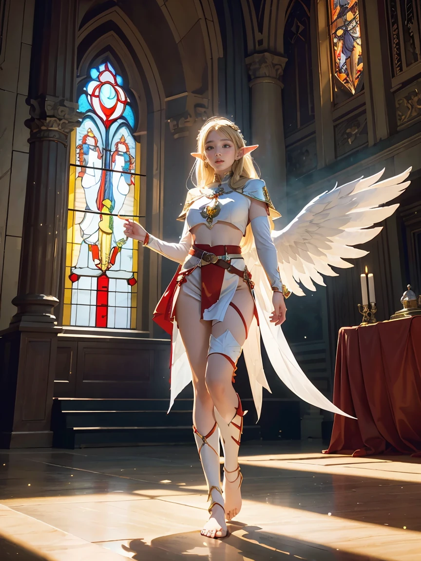 score_8_up, score_7_up, from below, full body of elf woman wearing white tabard and red capelet, armored pauldrons, belt, blonde, single braid, wide hips, barefoot, glowing angel wings, glowing halo, yellow eyes, particles, night, dark atmosphere, temple indoors, candles, stained glass windows, fantasy,