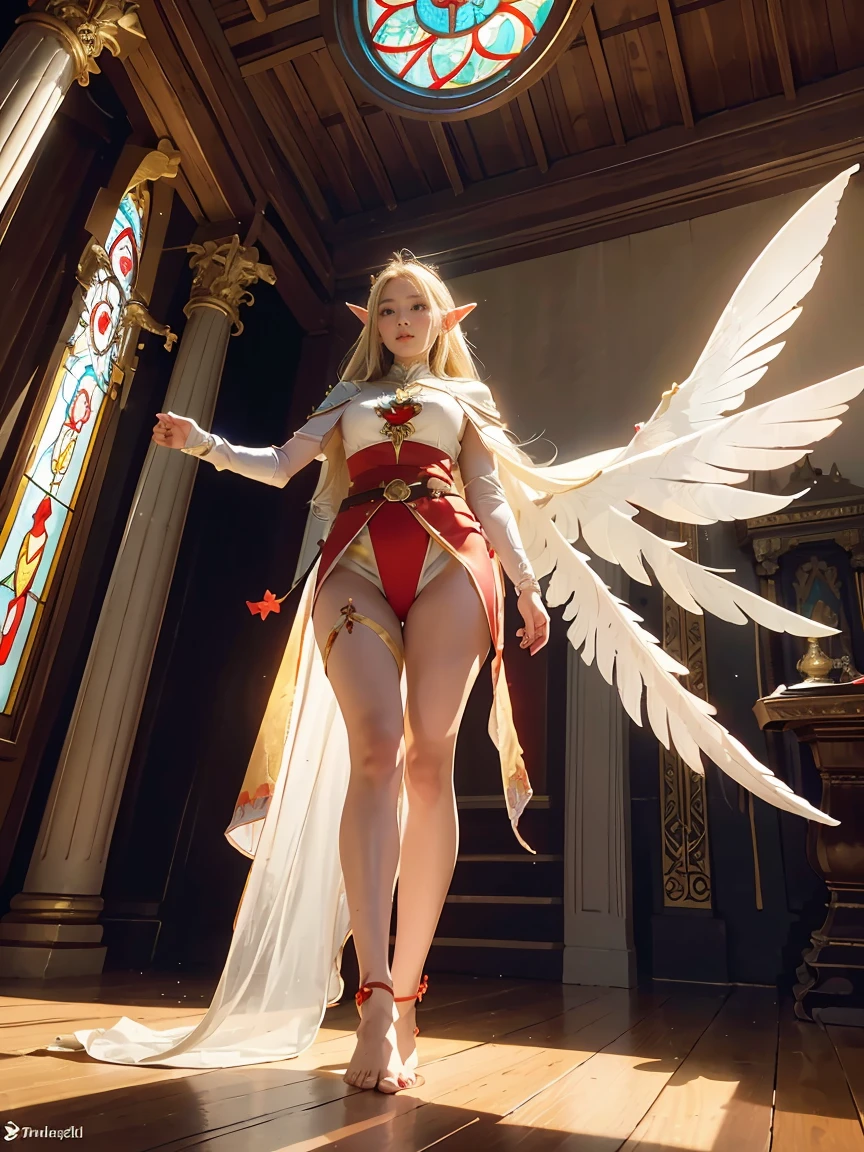 score_8_up, score_7_up, from below, full body of elf woman wearing white tabard and red capelet, armored pauldrons, belt, blonde, single braid, wide hips, barefoot, glowing angel wings, glowing halo, yellow eyes, particles, night, dark atmosphere, temple indoors, candles, stained glass windows, fantasy,