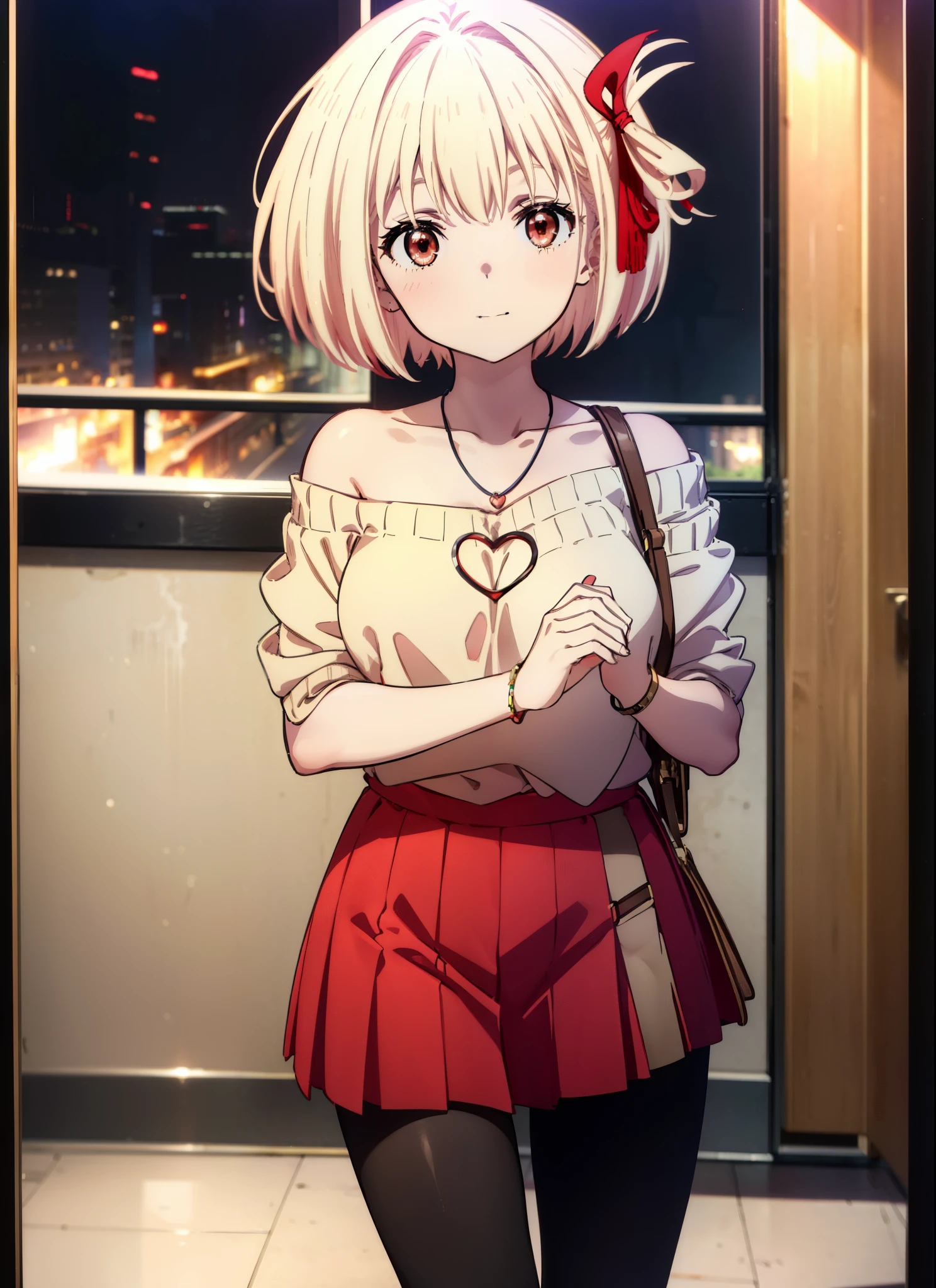 Chisato Nishikigi, short hair, bangs, Blonde, (Red eyes:1.5), hair ribbon, One side up, Bobcut,happy smile, smile, Open your mouth,Heart-shaped necklace,Bare neck,Bare shoulders,bare clavicle,Red off-shoulder sweater,mini skirt,Black pantyhose,short boots,Walking,whole bodyがイラストに入るように,
break indoors,School,canteen,
break looking at viewer, whole body,
break (masterpiece:1.2), Highest quality, High resolution, unity 8k wallpaper, (figure:0.8), (Beautiful attention to detail:1.6), Highly detailed face, Perfect lighting, Highly detailed CG, (Perfect hands, Perfect Anatomy),