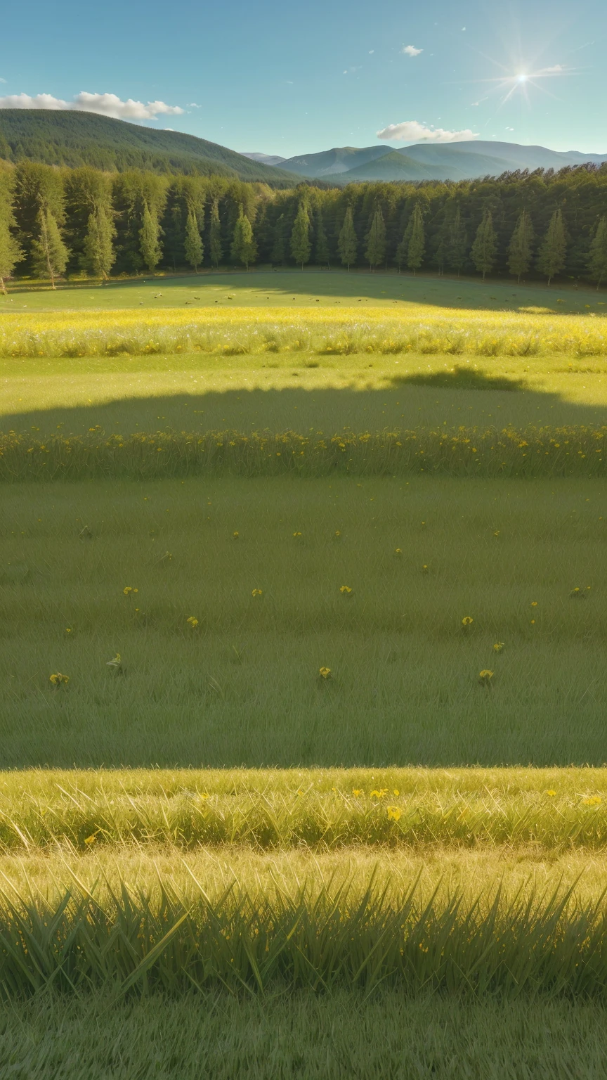 3D design of an entire field with cartoon grass bushes, harmonious colors, cute and cheerful, there are many small grass bushes on a field in the game, bright colors, gentle sunlight, scenery fresh, light yellow sunlight, on the grassland there are many types of flowers and trees mixed with patches of grass, behind the meadow in the distance are mountains, the green 3D patches of grass are far apart and the big and small patches are not large. evenly spaced, the fields blend in a gentle golden yellow color, in the meadow there are a few bees and birds flying around laughing.