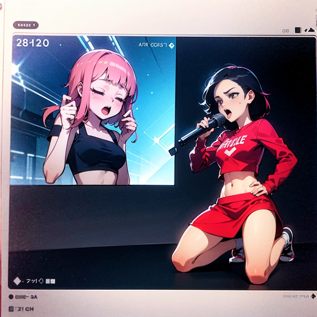 3 teen 18 year olds kneeling, wearing crop top hoodies and short skirts, eyes closed , real photography, modern look, silky dress or skirt with cutouts, skinny body, famous actress, beautiful face, screaming, yelling