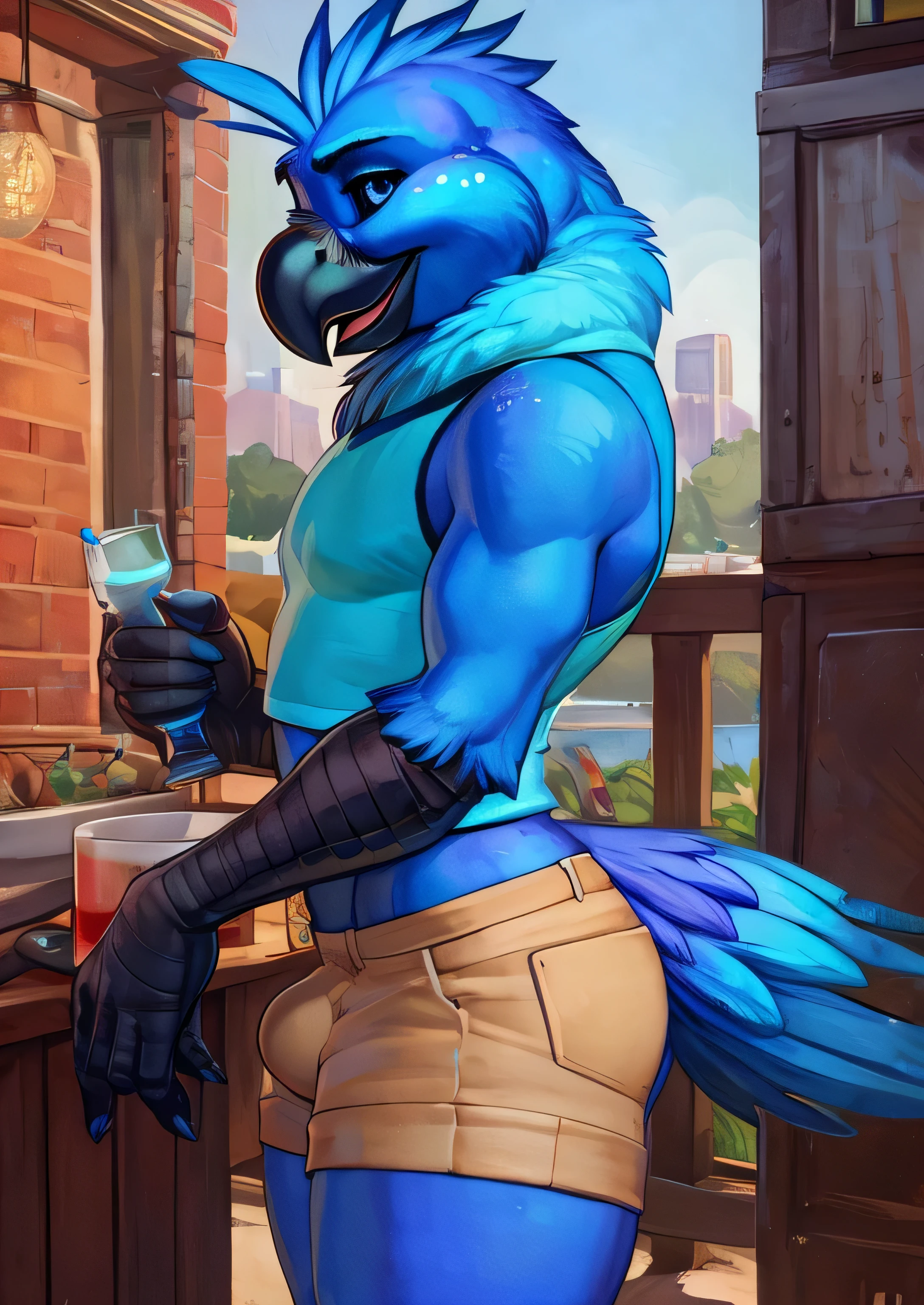 uploaded on e621, ((by PixelSketcher)), by Zaush, (by Rajii) , by Tsampikos , by Vader-San
solo male Coby, (((solo))), ((realistic)), cockatiel, anthro, furry, avian, ((clear cyan eyes)), black sclera, long cyan feather mohawk, black beak, blue body with cyan accents, bird feather tail, black bird arms, cyan claws, ((cyan glitter dots on hips)), neck tuft, (bulge,) crotch tuft, ((half-length portrait)), BREAK, (detailed Colin Campbell Cooper blue bird), (feminine, curvy), (((slim))), (skinny), twink, gay, ass, (detailed Bonifasko lighting), (chibi:1.2), (detailed skin), BREAK, (dynamic pose, seductive pose:1.3),
(outdoors, ghetto basket ball court at sunset) ((denim shorts, crop top, sneakers, backwards cap, arm warmers)), (cinematic lighting), ((detailed background)),
(((three-quarter view))), (half body shadow), (happy, wide eyes, cute), (ass focus), [backlighting], [crepuscular ray], [detailed ambient light], [gray natural lighting], [ambient light on the belly], [higher feather detail], [fluffy feather texture],
[realistic proportions], [explict content], [sharp focus], (questionable content), (shaded), ((masterpiece)), BREAK
