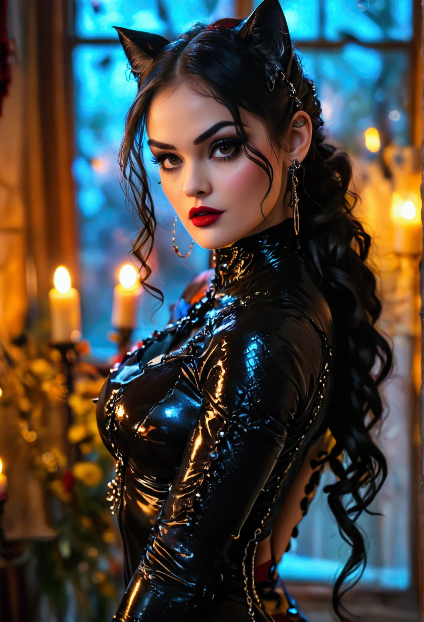 Full body shot Lisa catwoman, ringlets wavy five feet long black hair, updo hairstyle with ponytail on one side and long hairpins holding the bun long braid, strong thighs, dark red glossy lips, heavy black eye shadow long black eyeliner, long sharp claws, black lace beautiful and creative catwoman bodysuit with no jewels, huge cleavage, clear ears no earrings, no earrings, no earrings, no earrings, no jewels, beautiful forehead lace ornament, posing in a feminine catwoman den, happy expression, dark ambience night time candle lights. No faces on her chest!