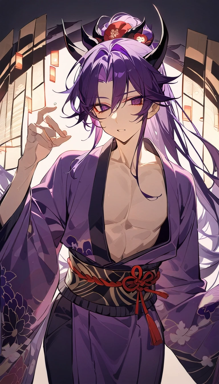 Seductive guy,  dark purple hair,  siren eyes, japanese traditional clothing