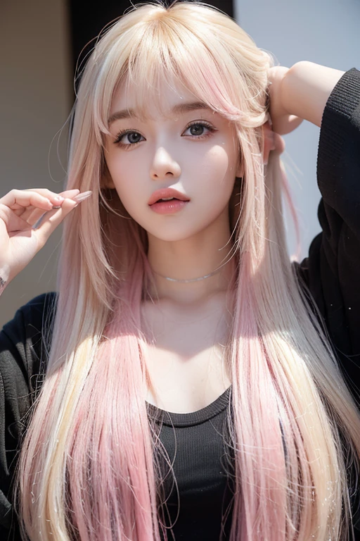 ((Realistic, Best quality, 8K, Masterpiece: 1.3)), Clear focus: 1.2, 1girl, Perfect beauty: 1.4, (narrow waist: 1.5), ((flat breasts: 1.2)), ((sheer sexy leotard)), ((see-through)), ultra-fine face, fine eyes, double eyelids, hands on the head, (lying in bed full body: 1.2), facing the camera, spread legs,necklace,double bun hair,wet panty,camel toes,(small beautiful hard nipple head:1.3),seen nipple head,toned abs, (two-tone hair,blonde hair,pink hair:1.5),sun light,(skiny:1.8),shiny skin, (gorgeous jewels:1.2),curly hair, hair ribbon,