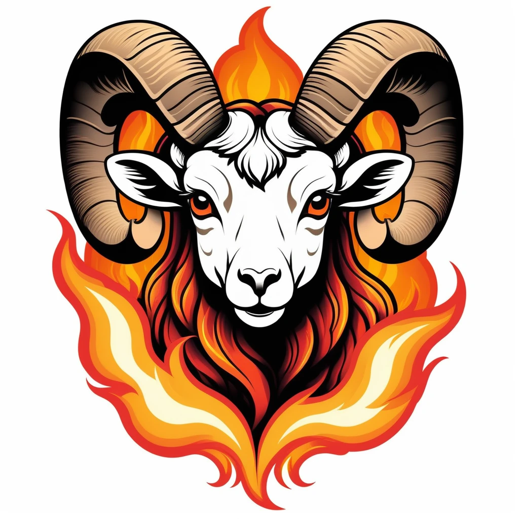 Aries ram emerging from flames, neo-traditional tattoo art, passionate and dynamic, fiery backlight glow, bold outlines with color fill, vibrant oranges and reds, large back design with small front logo, distressed ink look, alternative streetwear culture, T-shirt design graphic, vector, contour, white background