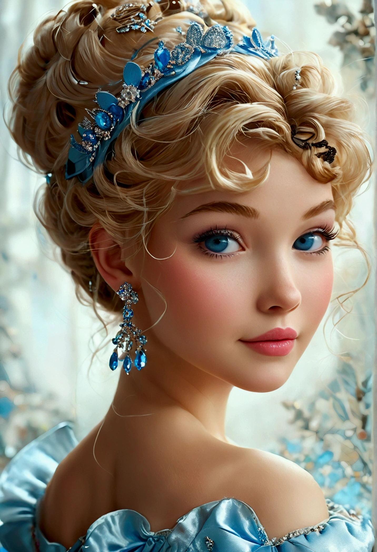 Create a captivating close-up portrait of Cinderella, the beloved Disney Princess, in a playful caricature style. Emphasize her iconic blonde hair, exaggerating its elegant updo with voluminous curls and a sparkling headband. Her large, expressive blue eyes should be even more prominent, twinkling with kindness and grace. Render her skin with a smooth, flawless texture, adding a soft, warm glow and a hint of blush on her cheeks to enhance her charm. Use light, natural makeup with a soft pink tint on her lips, accentuating her radiant beauty. Adorn her hair with oversized accessories, like her signature blue headband, adding to the caricature's whimsical nature. Simplify her iconic blue ball gown, focusing on exaggerated, flowing patterns and textures that hint at its elegance. The background should be kept blank to keep all attention on Cinderella's delightful caricature. This portrait should capture the essence of Cinderella's enchanting and graceful personality in a fun and exaggerated style.